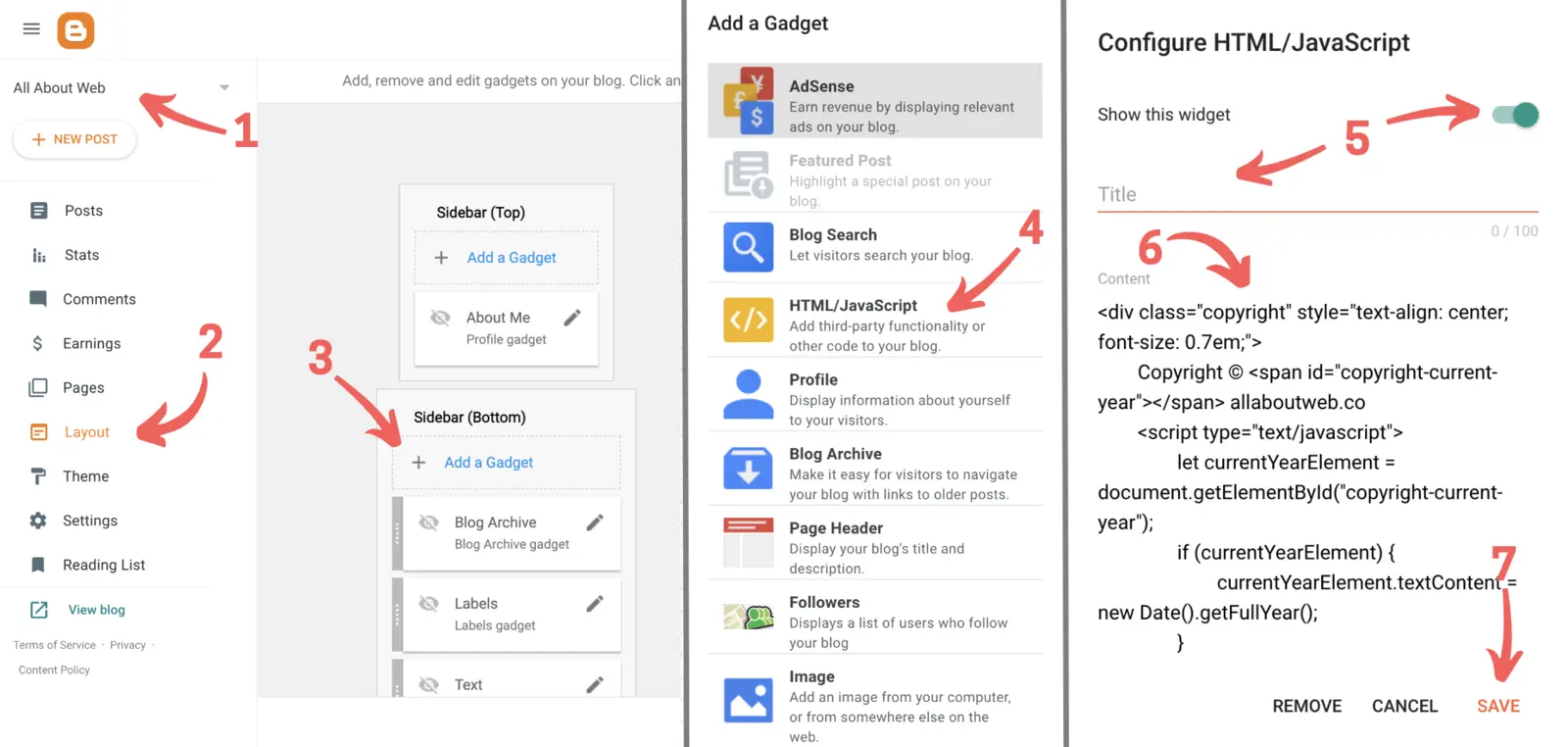 Visual instruction of how to add a Blogger copyright notice with a year auto update using custom gadget