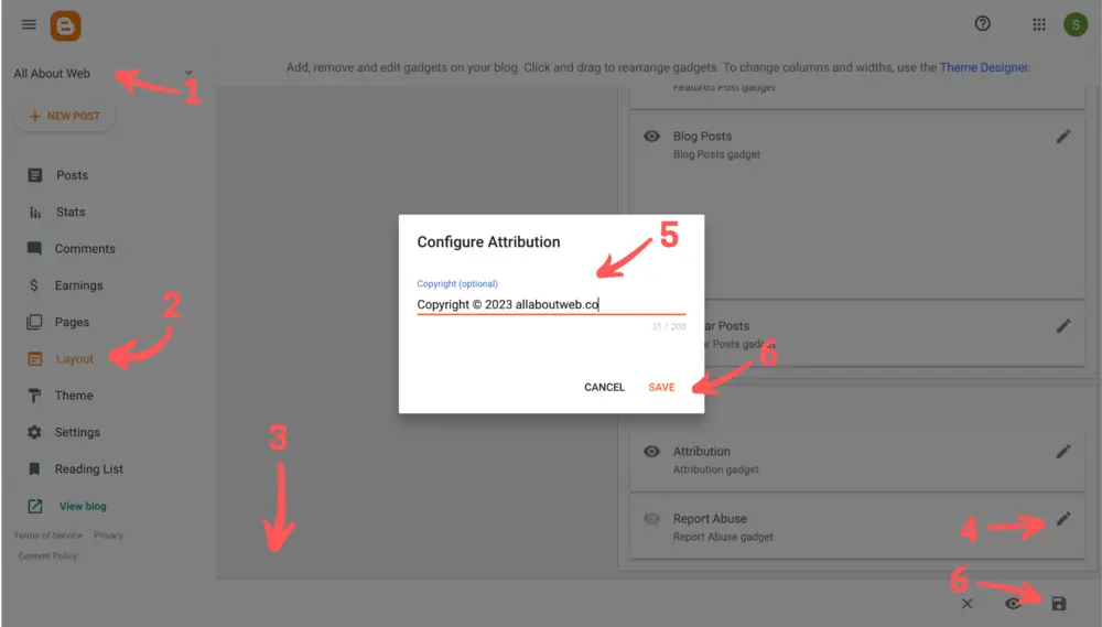 Visual instruction of how to add a Blogger copyright notice in standard way