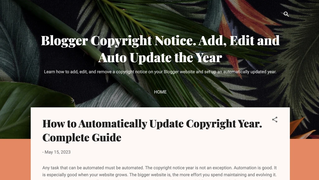 The article image: "Blogger Copyright Footer. Add, Edit and Auto Update the Year"