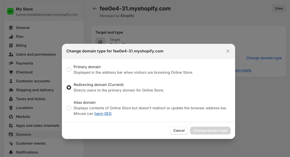 Change a domain type in Shopify