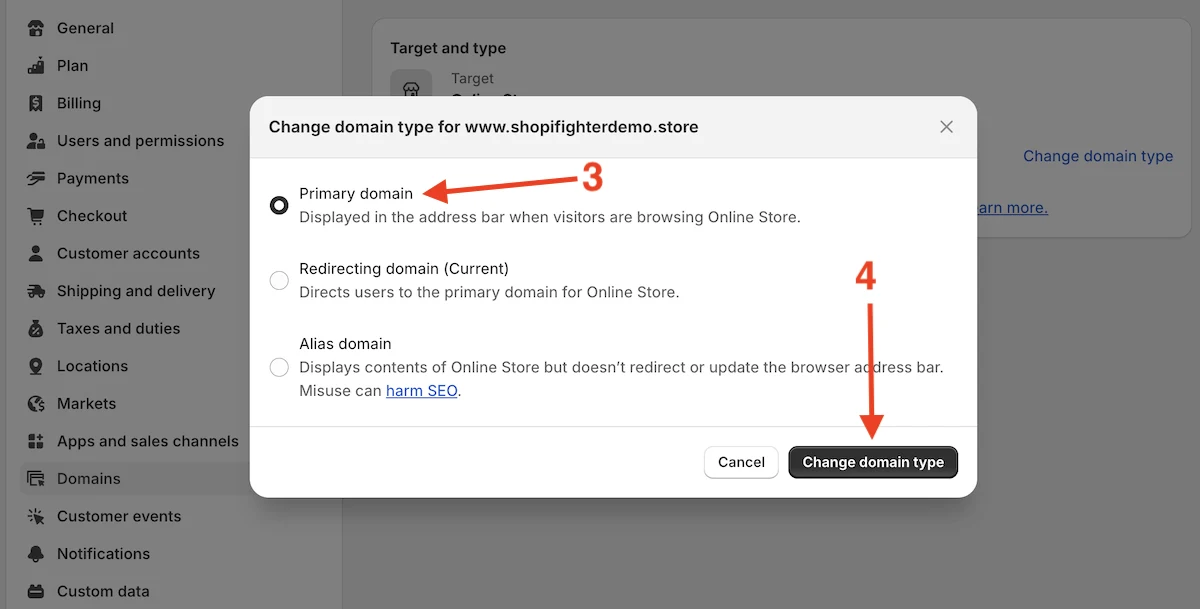 Change domain type on Shopify
