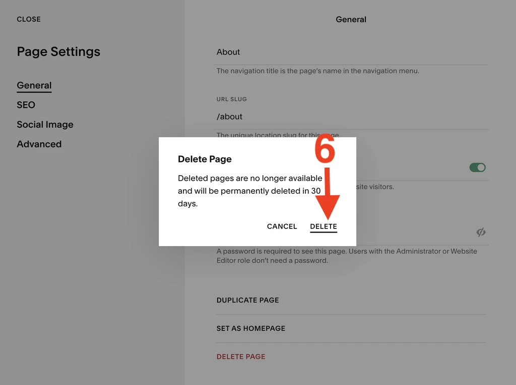 Confirm deletion of a page of a Sqarespace website