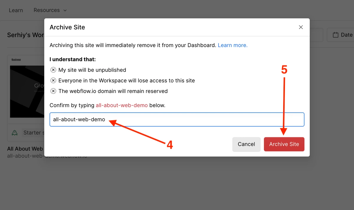 Confirm a Webflow site archiving