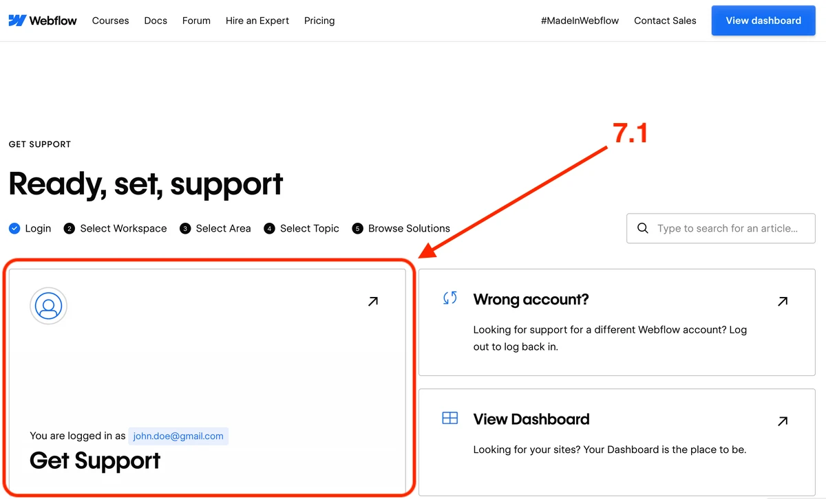 The Login step of the Webflow Get Support flow