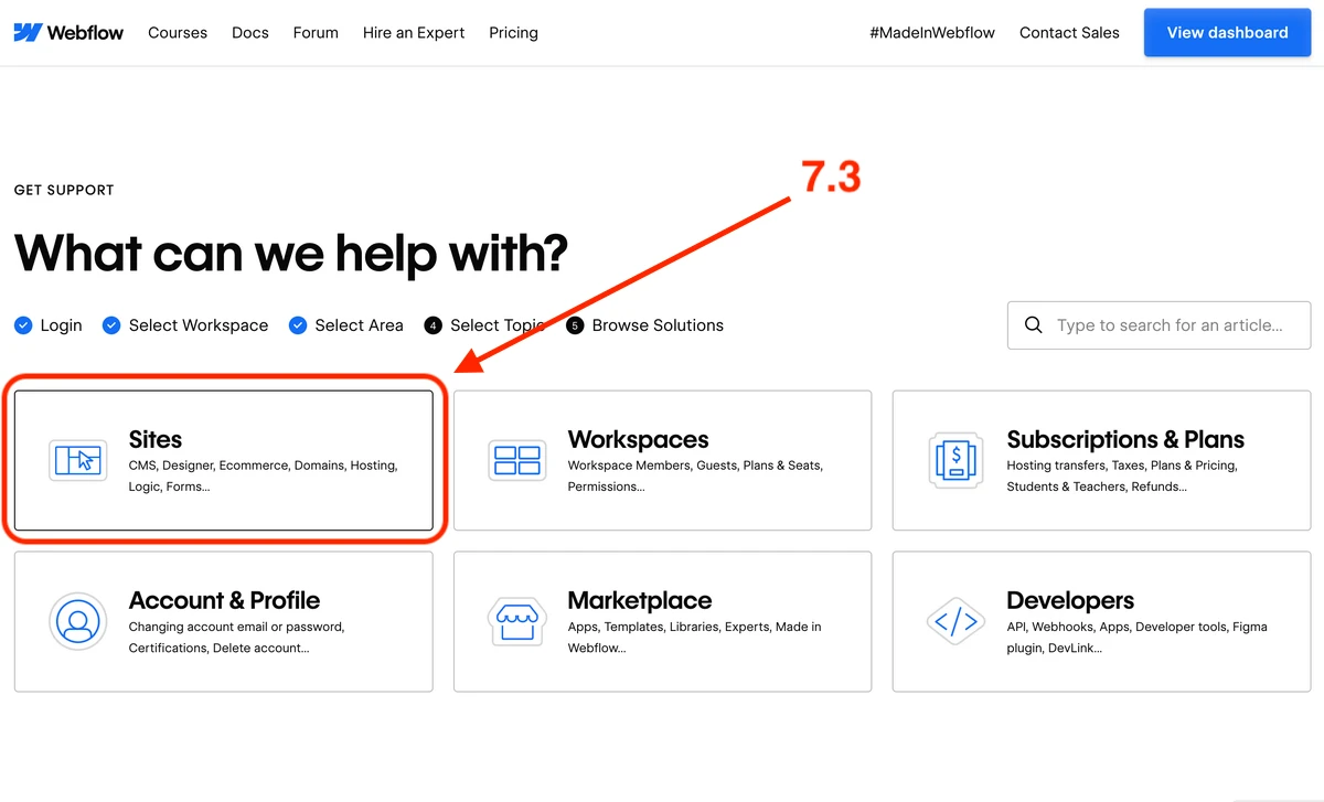 The Select Area step of the Webflow Get Support flow