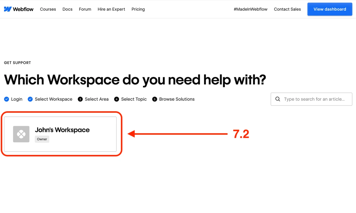 The Select Workspace step of the Webflow Get Support flow