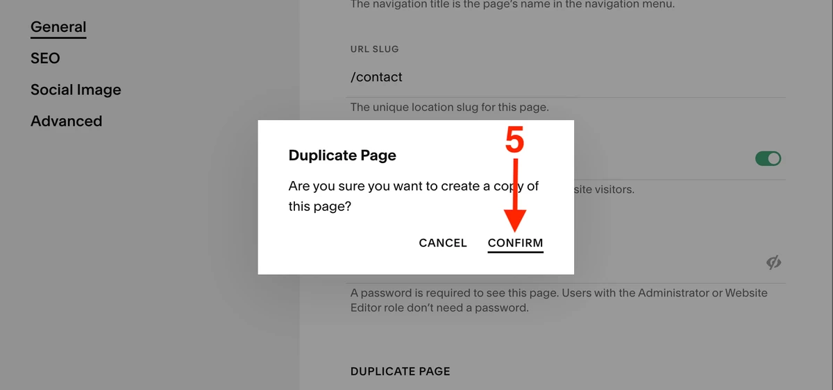 Confirm a page duplication in Squarespace