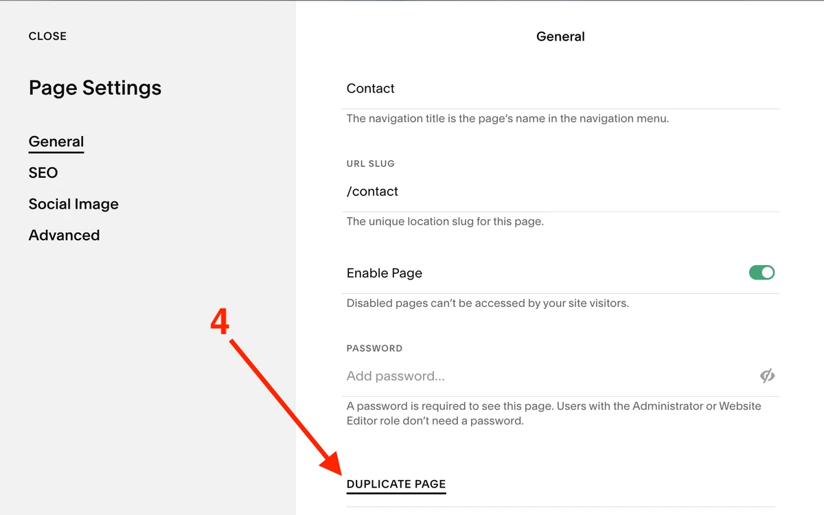 Duplicate a page in Squarespace