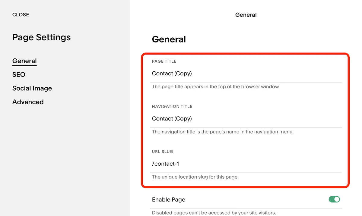 Changed settings of a duplicate page in Squarespace