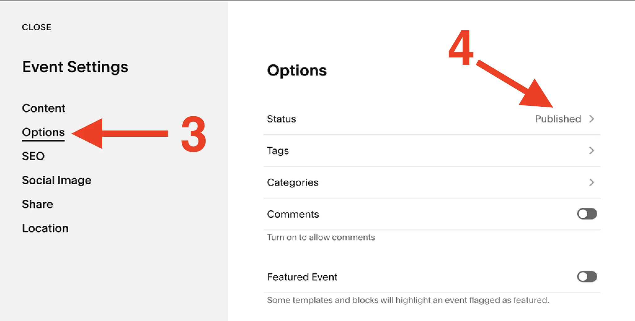 Navigate to the Event page Options settings in Squarespace