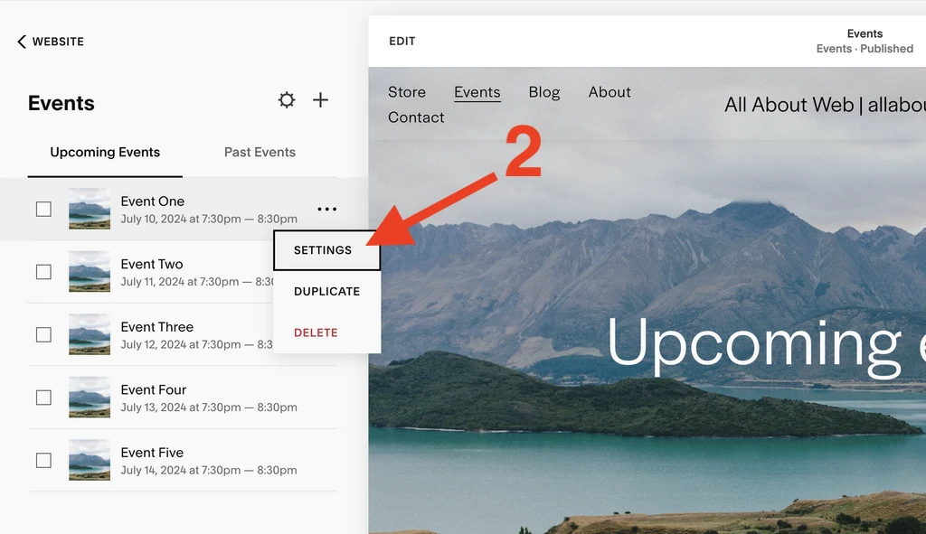 Navigate to the Event page settings in Squarespace