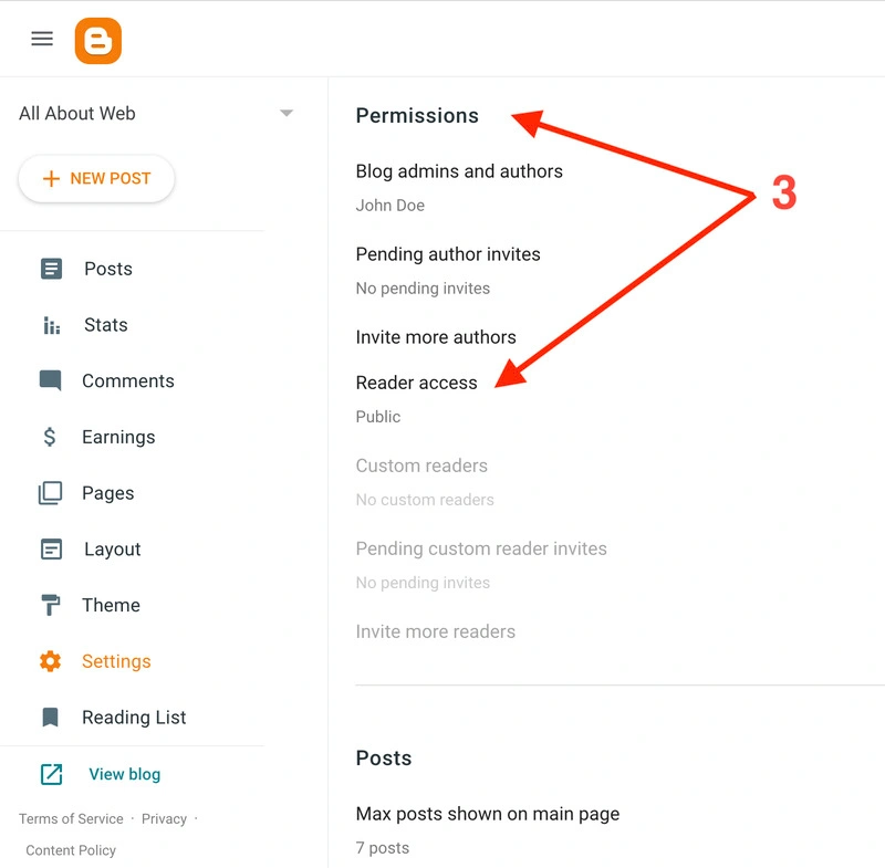 Go to the Blogger (Blogspot) website Permissions settings