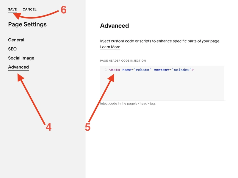 Add a noindex meta tag to the Squarespace page head block