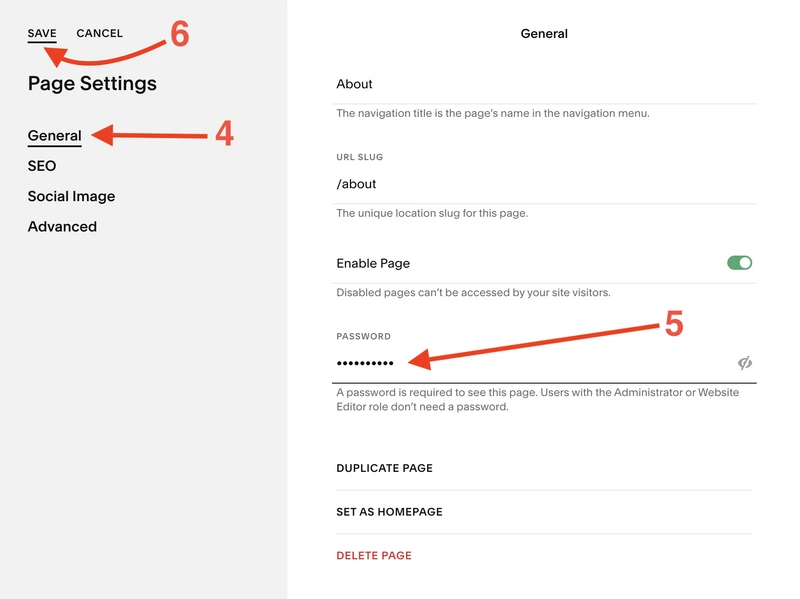 Configure Squarespace page password protection