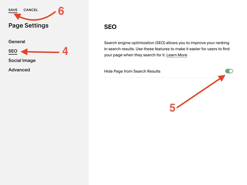 Hide Squarespace page from search engines