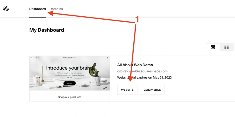 Select Squarespace website on the Dashboard