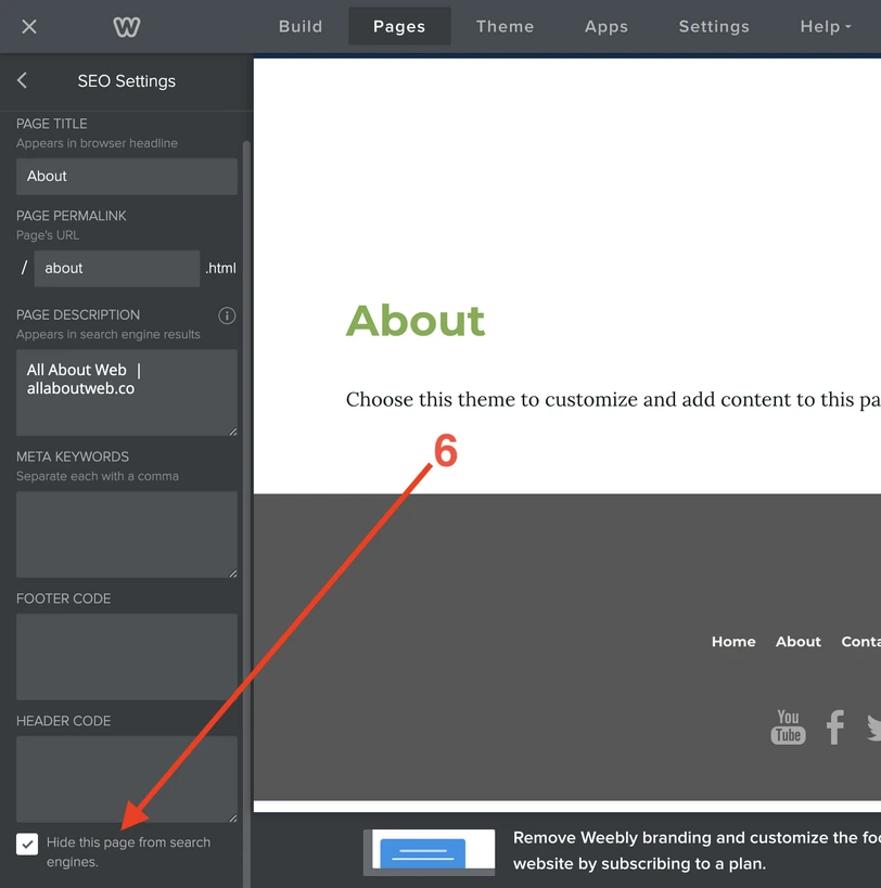 Hide Weebly page from search engines