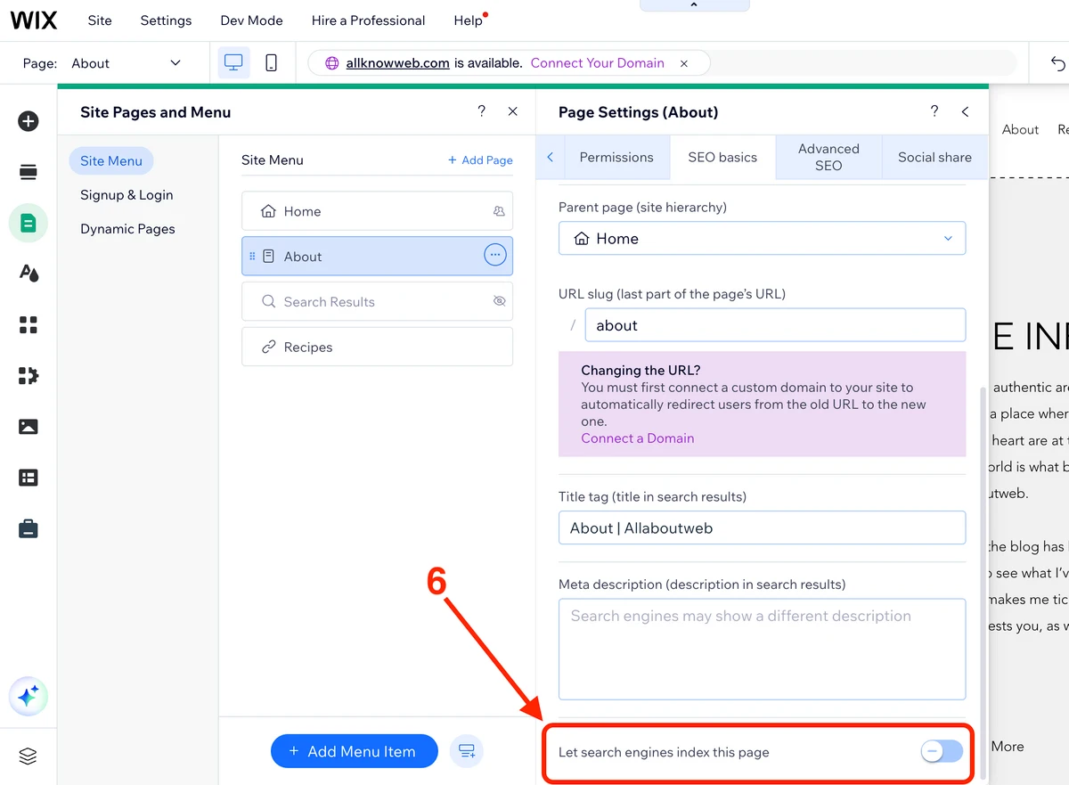 Disable the switch to prevent a Wix page from being indexed