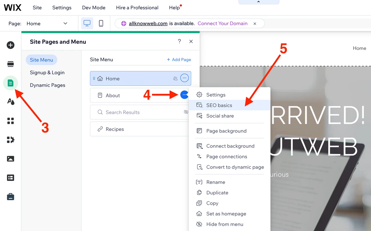 Navigate to the page SEO basics settings in Wix