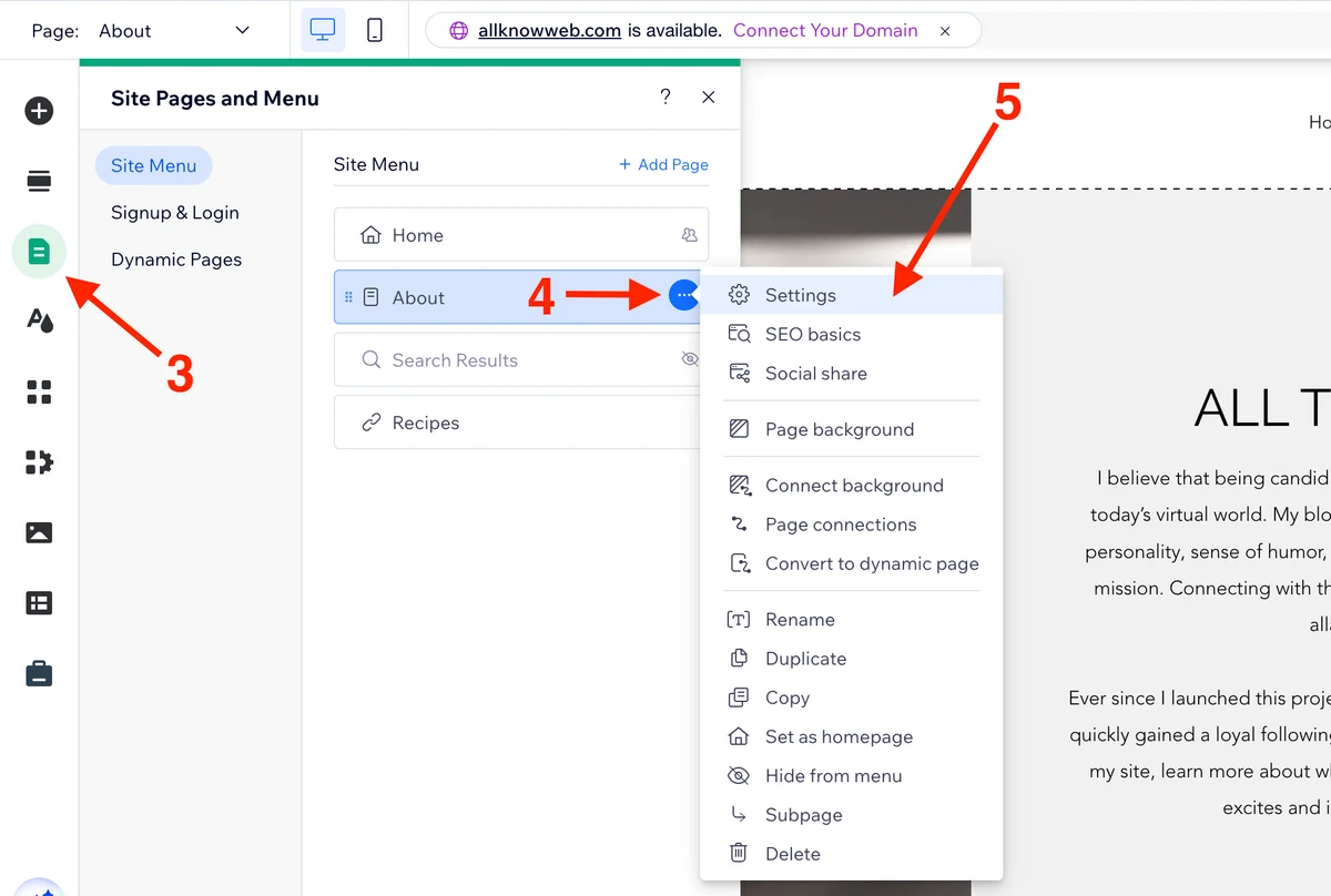 Navigate to the page SEO basics settings in Wix