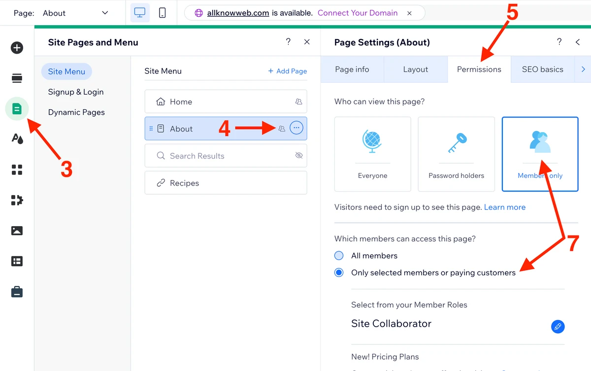 Configure a page member access in Wix