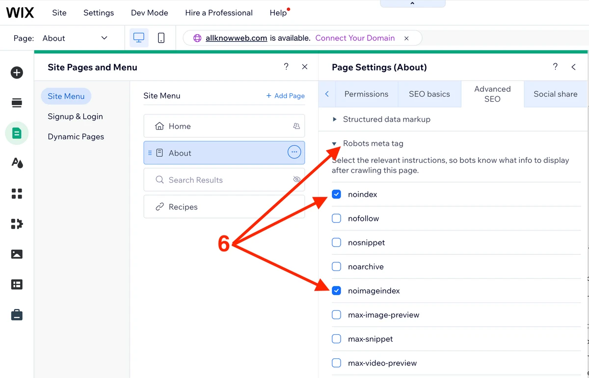 Wix page Advanced SEO settings and Robots meta tags (noindex, noimageindex)