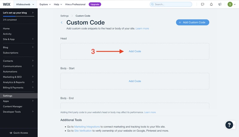 Add custom code for the Wix website head block