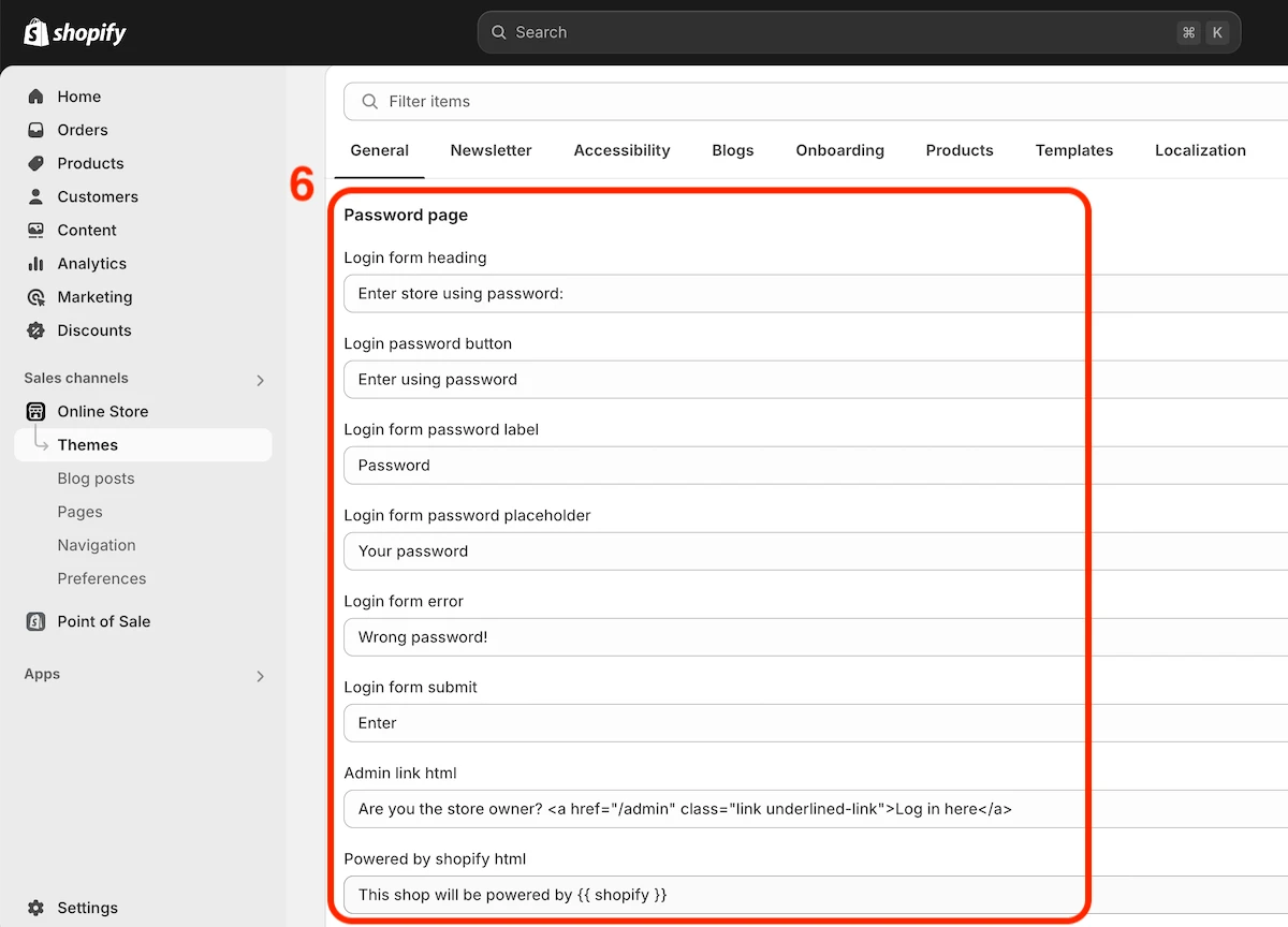 Customize default content of the password page in Shopify