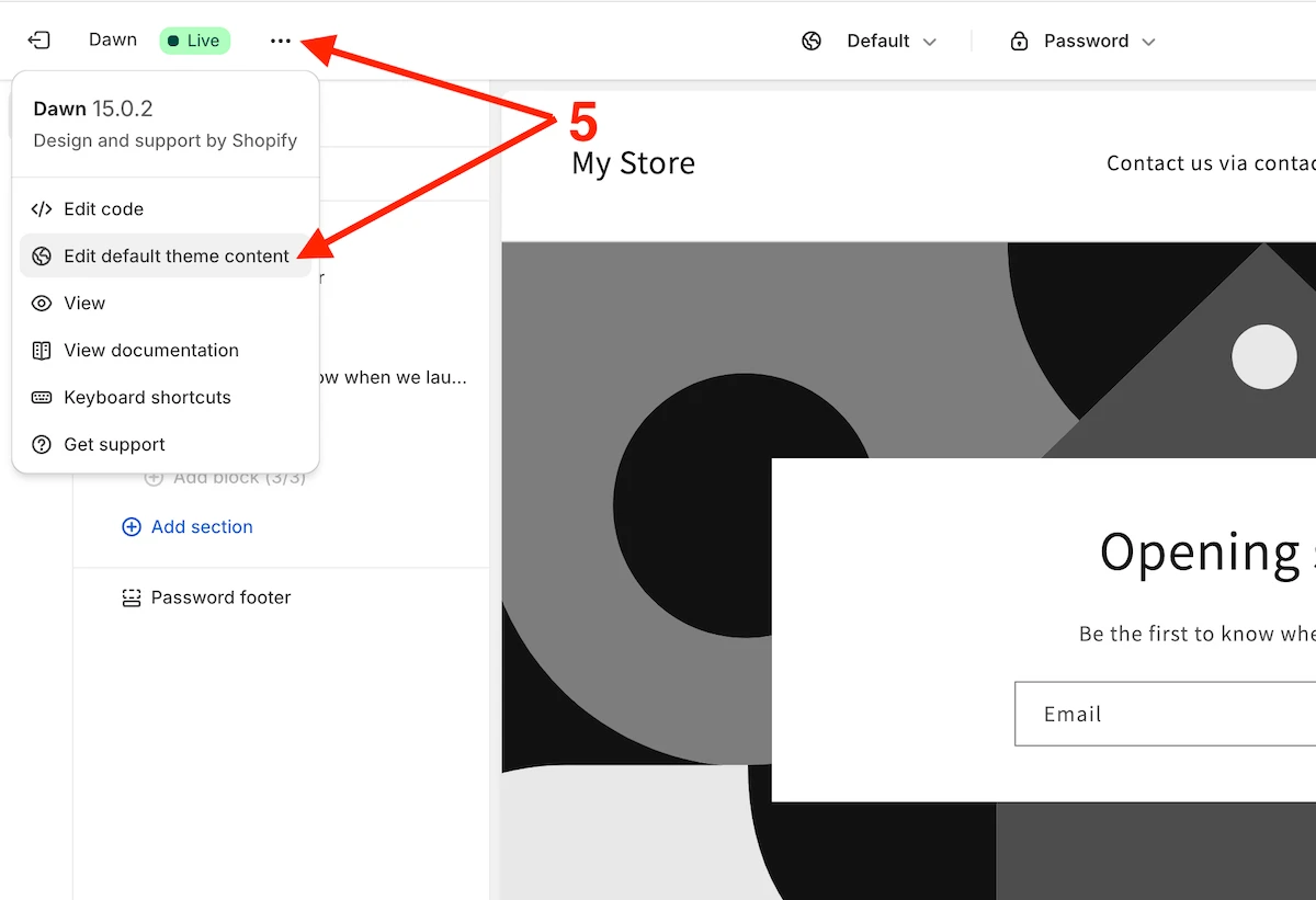 Navigate to the default theme content editor in Shopify