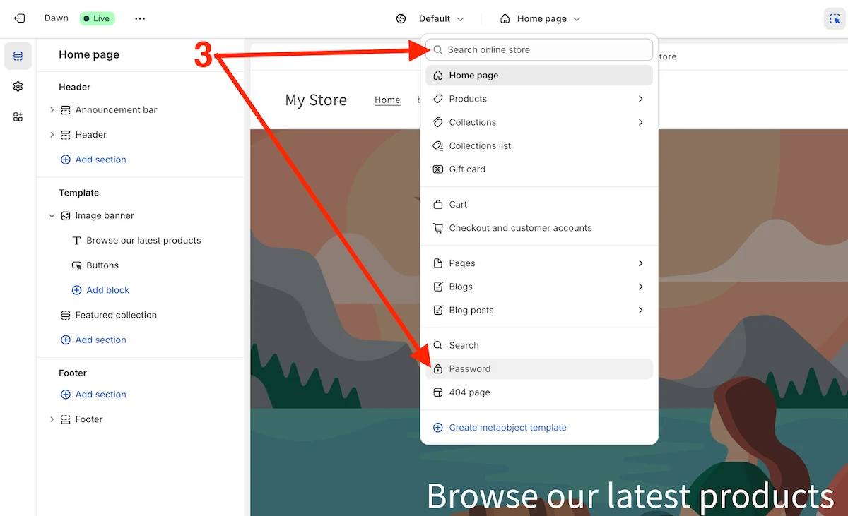 Search for the password page in Shopify Store Theme Editor