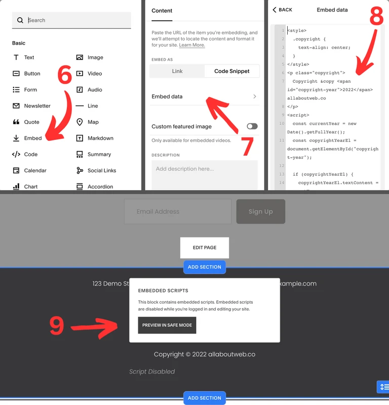 Automatically update Squarespace copyright year with "Embed" block