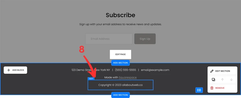 Drag and drop a copyright notice block on Squarespace website