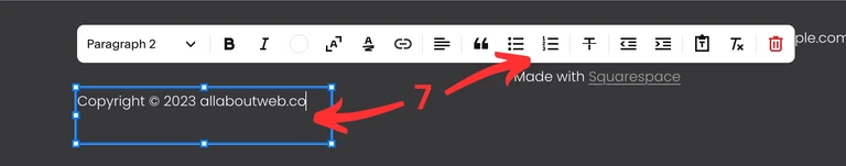 Enter a copyright notice text to the Squarespace "Text" block