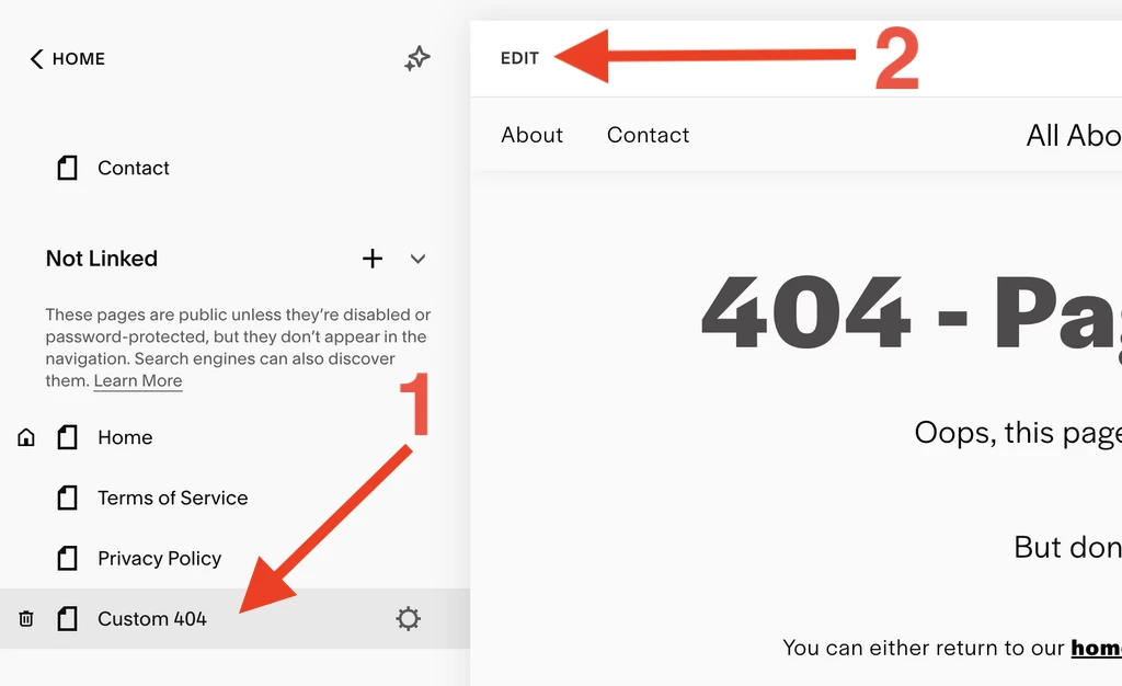 Edit a custom 404 page in Squarespace