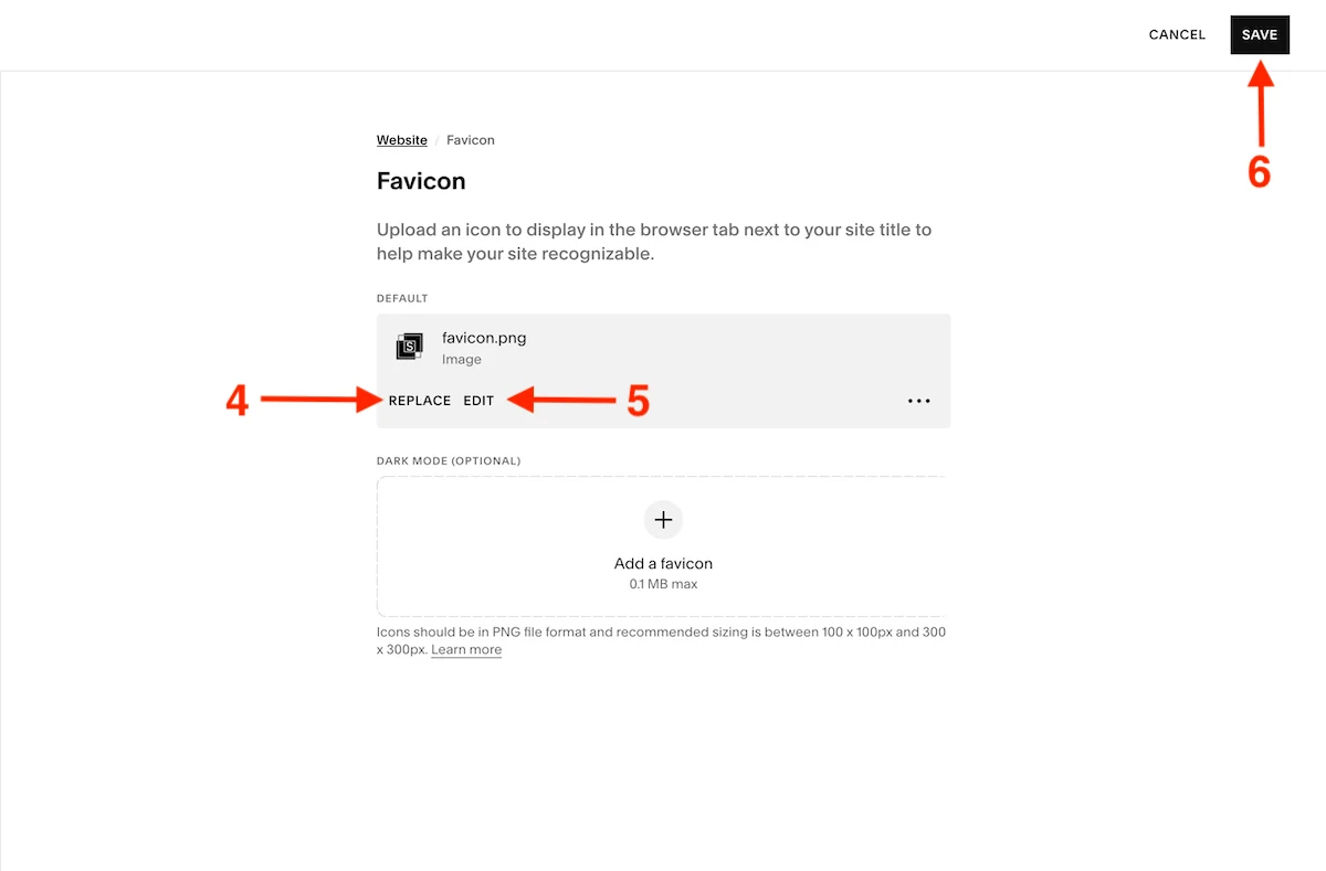 Navigate to the Squarespace site favicon settings