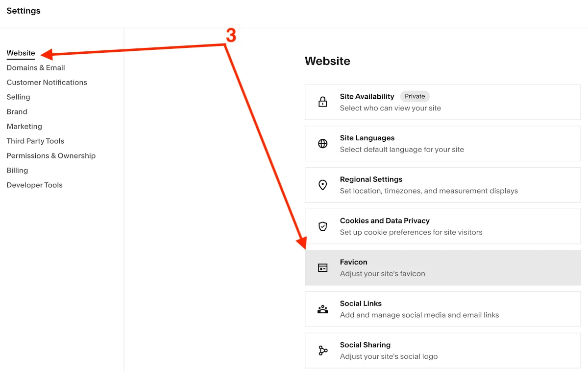 Navigate to the Squarespace site favicon settings