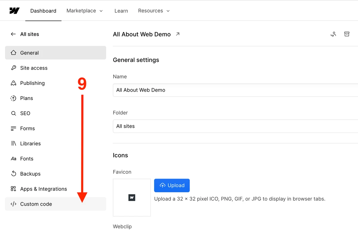 Navigate to the Webflow Custom code site Settings