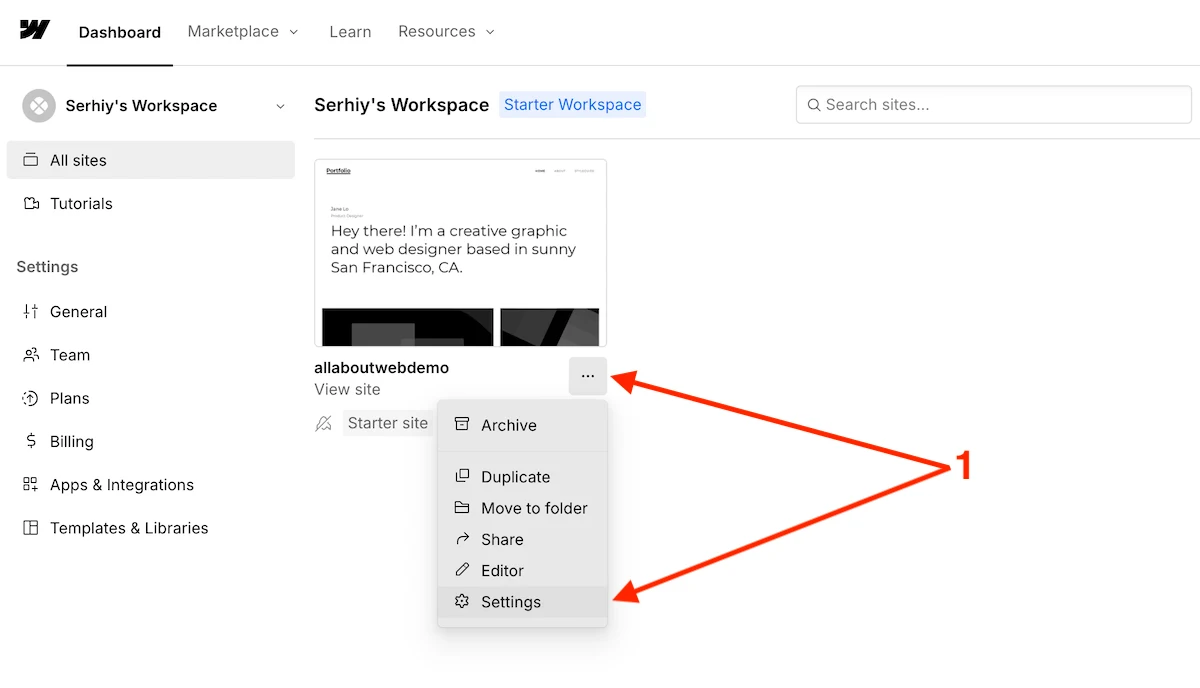 Navigate to general settings in Webflow