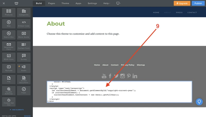 Weebly website copyright year auto update code