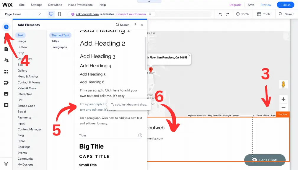 Visual instruction of how to add copyright block to a Wix website footer