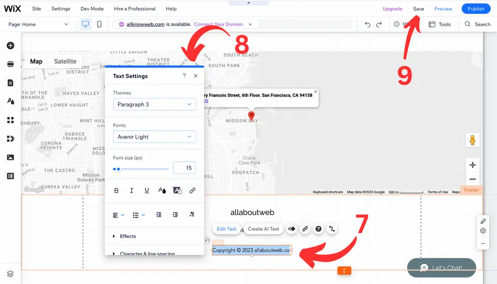 Visual instruction of how to edit a copyright block to a Wix website