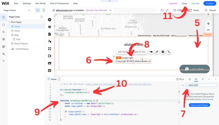 Visual instruction of how to setup a custom script on Wix website to auto update the copyright year