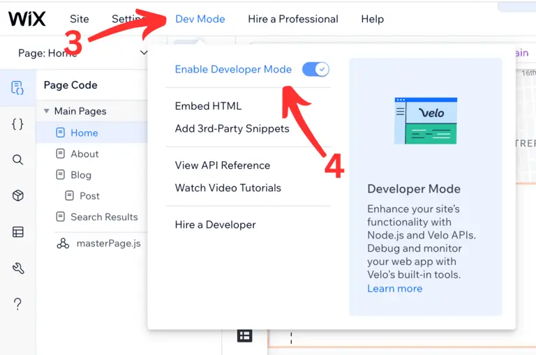 Visual instruction of how to enable development mode on Wix website