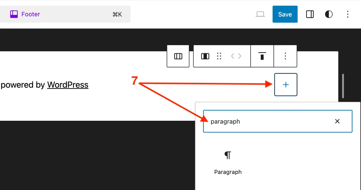 Add the Paragraph block to the WordPress site footer