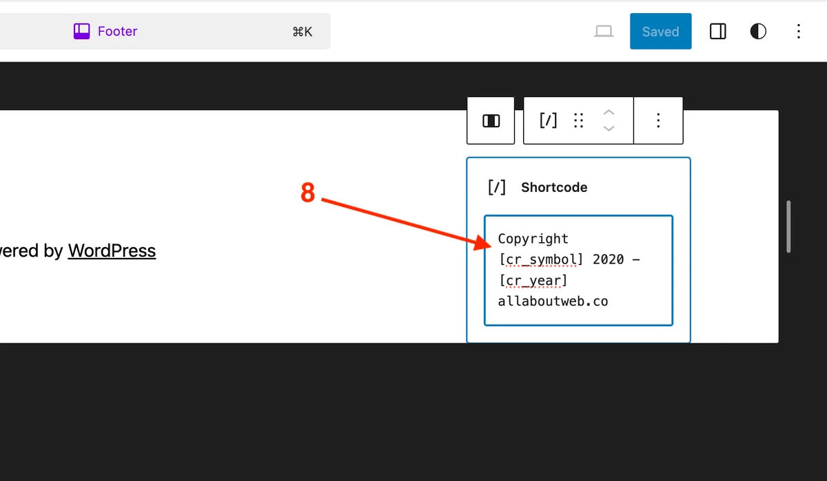 Add the Shortcode block with copyright variables in WordPress