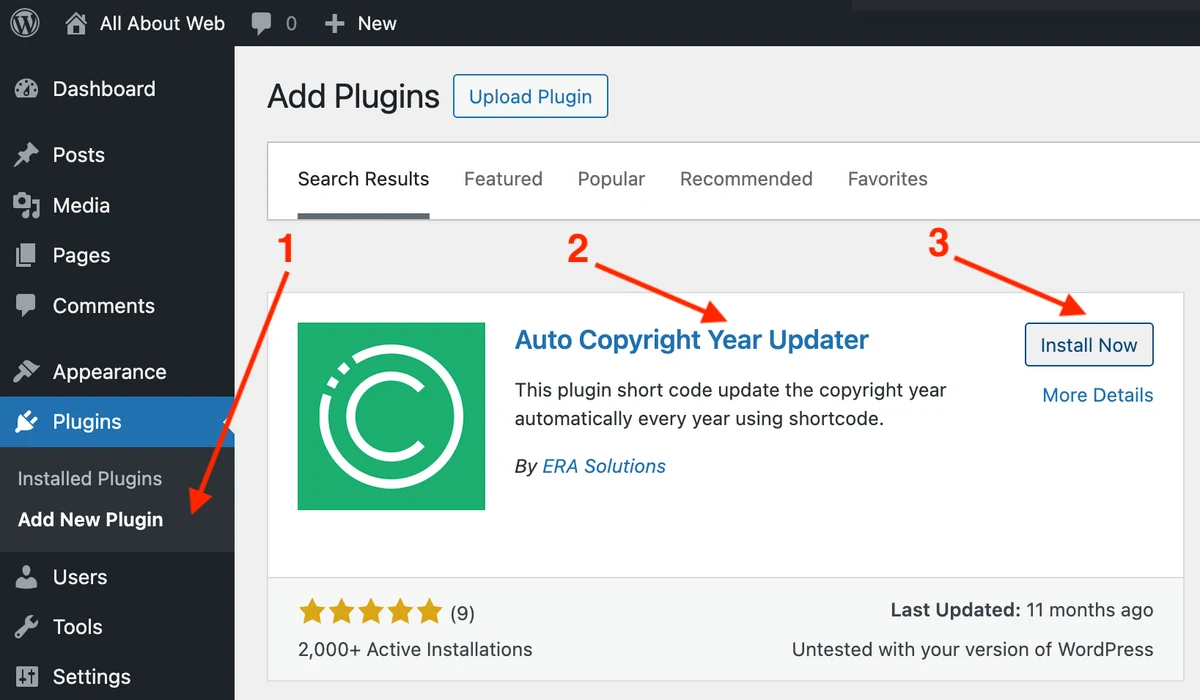 Install and activate the Auto Copyright Year Updater plugin in WordPress