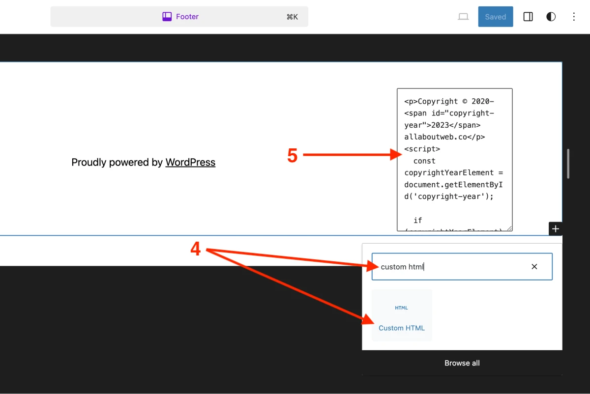 Custom HTML code that automatically updates the copyright year in WordPress