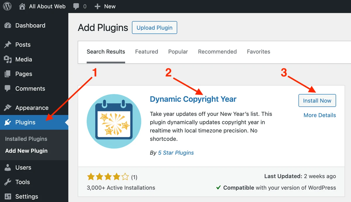 Install and activate the Dynamic Copyright Year plugin in WordPress